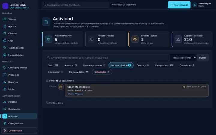 Pantalla Actividad con la lista de ingresos, cambios de seguridad y acciones delicadas, cada una con quién la hizo y cuándo