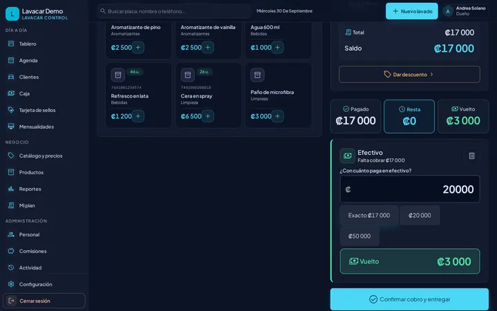 Pantalla de cobro con los métodos de pago Efectivo, SINPE Móvil, Tarjeta y Transferencia, los billetes sugeridos y el vuelto