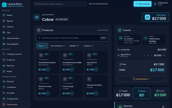 Pantalla Cobrar con el catálogo de productos: búsqueda, categorías y botones para agregar, junto a la cuenta del lavado con su total