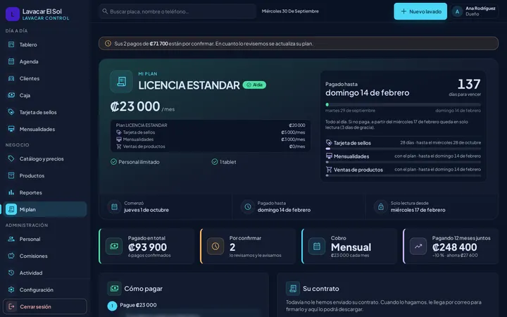 Pantalla Mi plan con el nombre del plan, el precio, el estado, la fecha de pagado hasta y las fechas clave