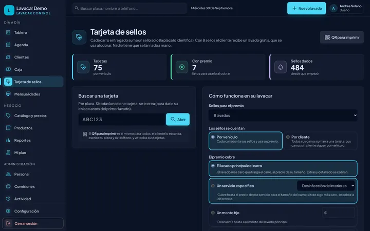 Pantalla Tarjeta de sellos: tarjetas, premios listos y sellos dados, la búsqueda por placa y cómo funciona en el lavacar: sellos para el premio, por vehículo o por cliente y qué cubre el premio