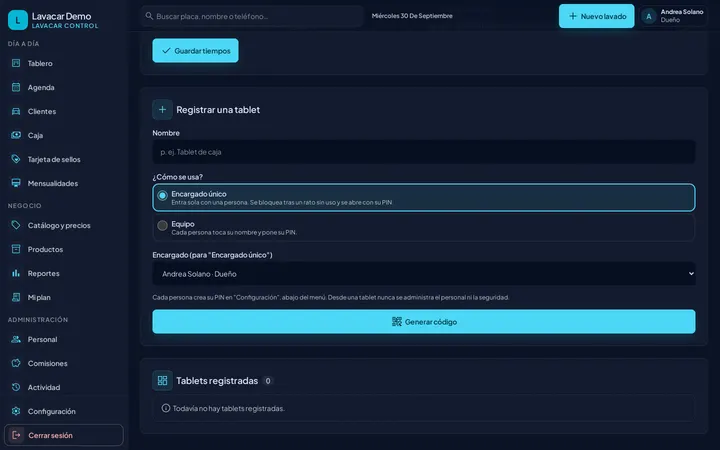Ajustes de tablets: tiempos sin uso, registrar una tablet con su nombre y su modo de uso